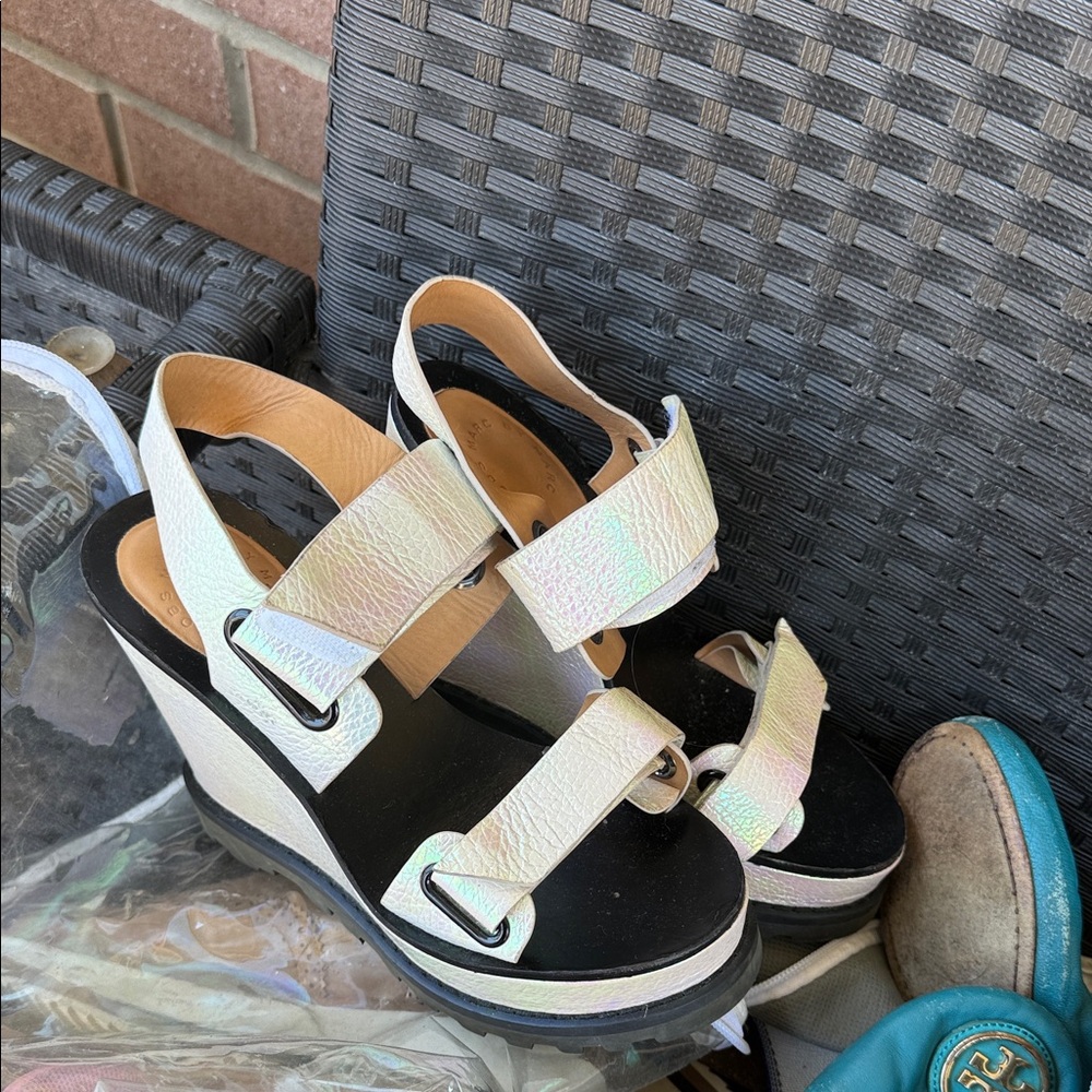 Marc by Marc Jacobs Iridescent White and Black Platform Wedge Sandals